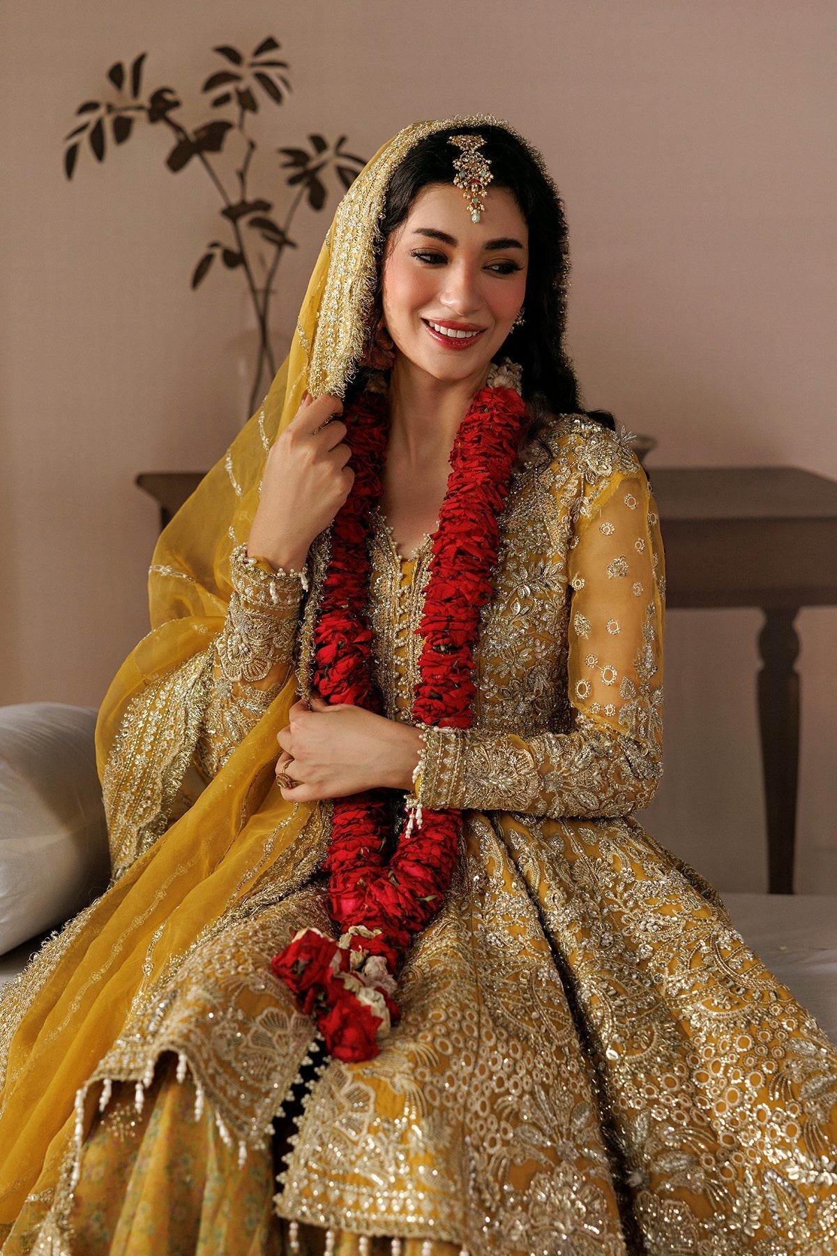 Golden Organza Pakistani wedding suit full styled look - Aangan