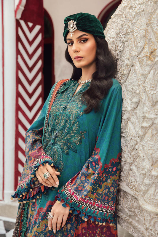 - Model in Maria B MPrint Fall/Winter outfit featuring warm tones and wool shawl