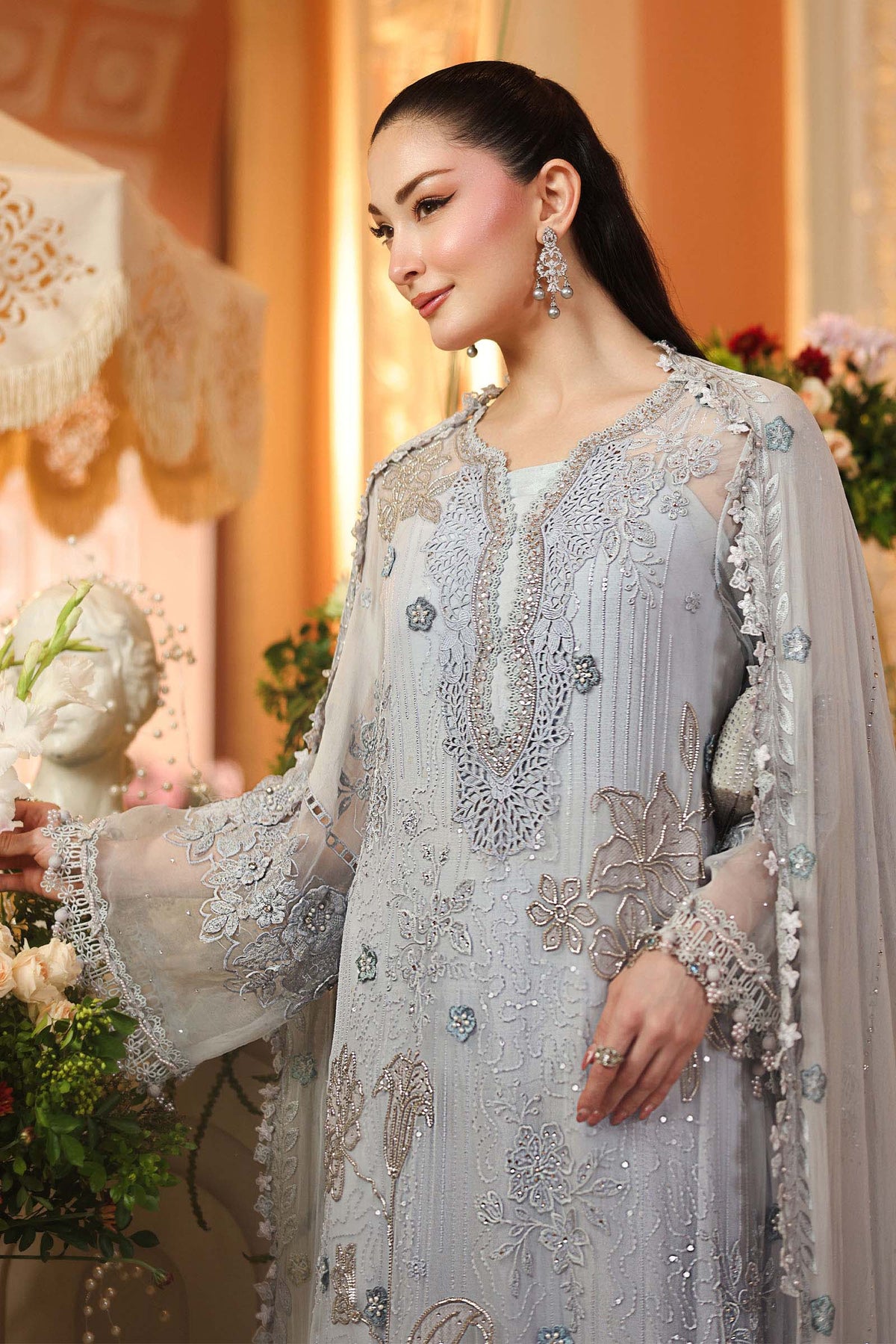 Maria.B 3 Piece Embroidered Chiffon Suit in Ice Blue - dupatta detail