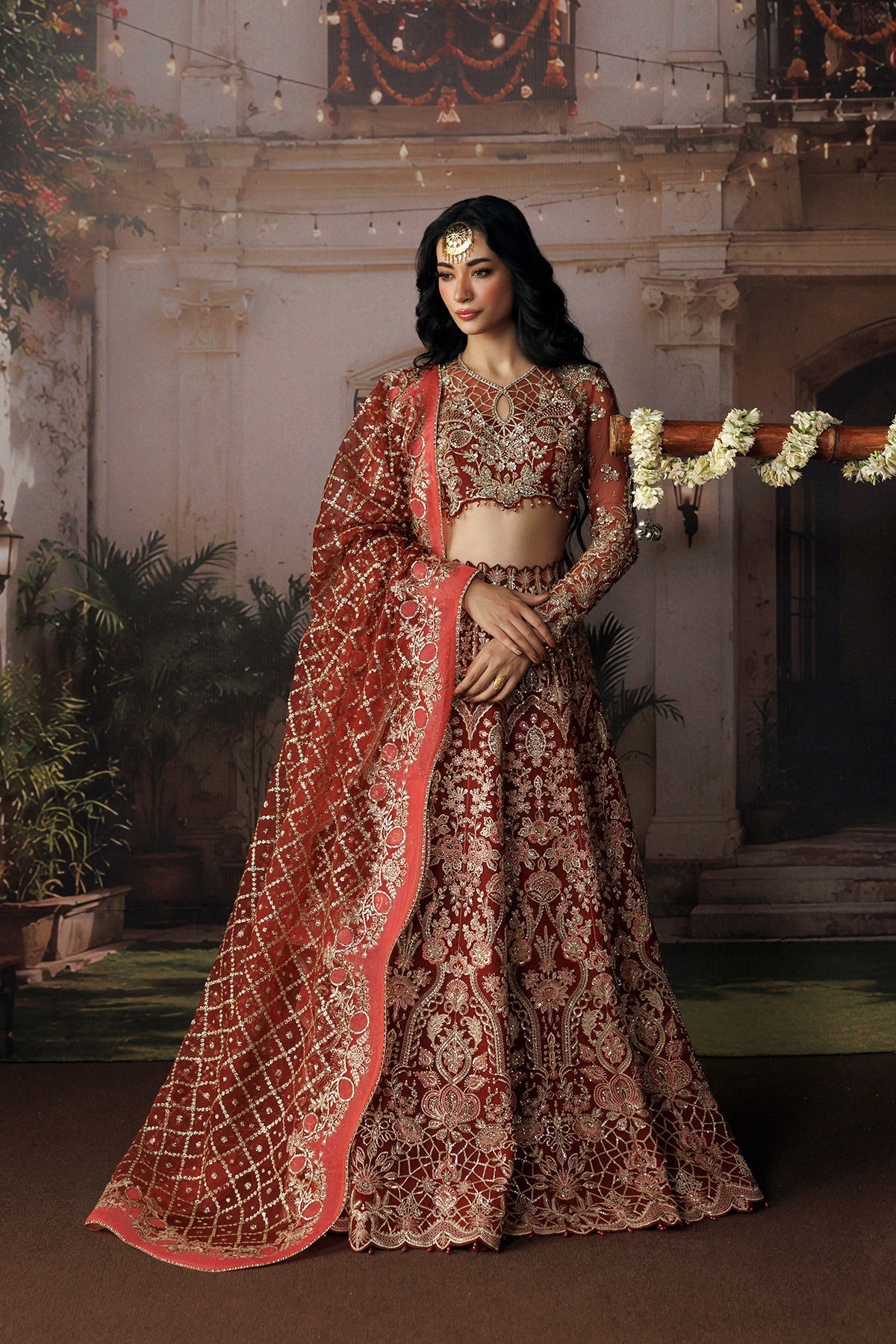 Red Organza Pakistani wedding suit front view with silver embroidery - Aangan