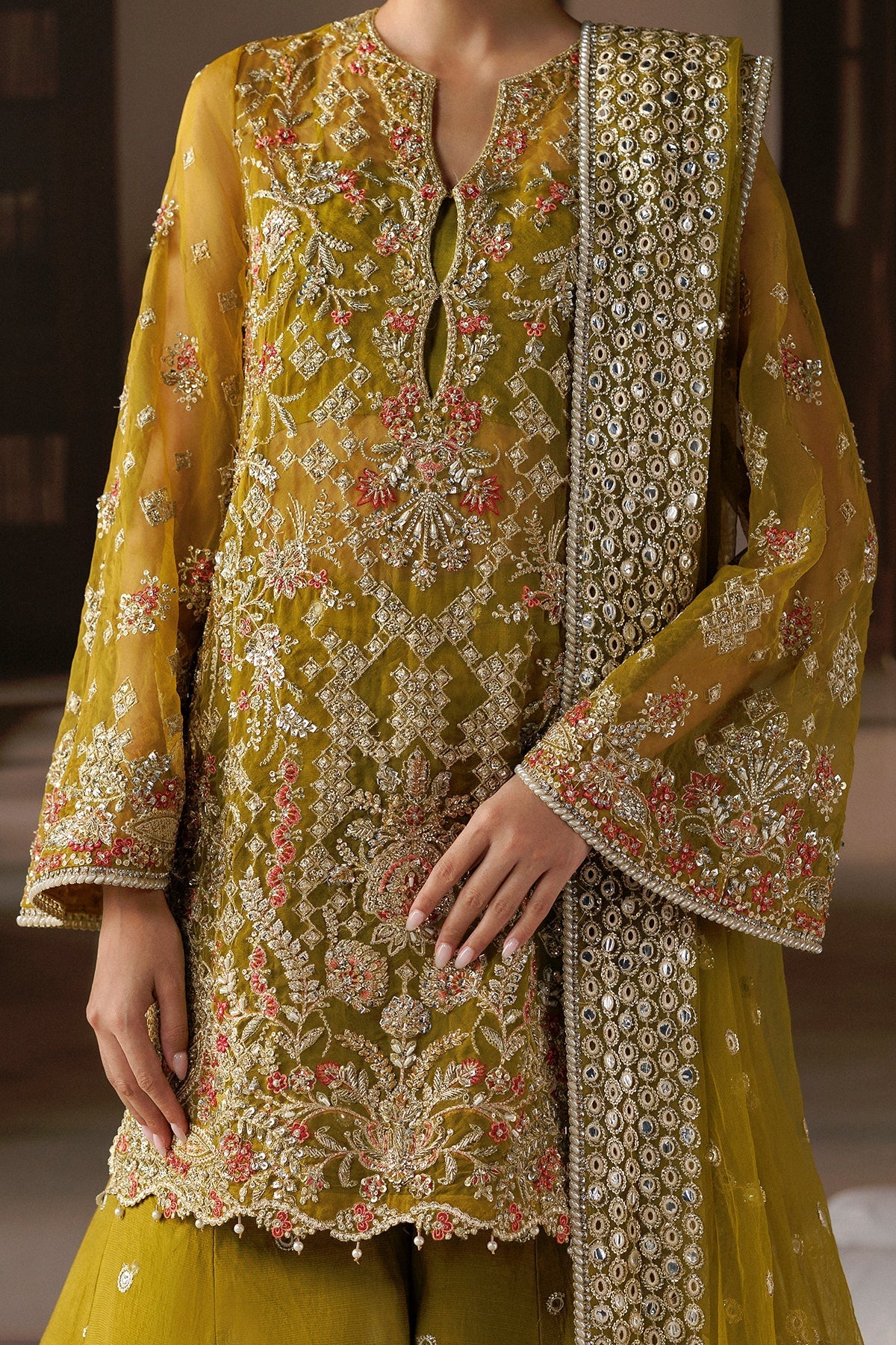 Dark yellow Organza Pakistani wedding suit embroidered trouser detail - Aangan