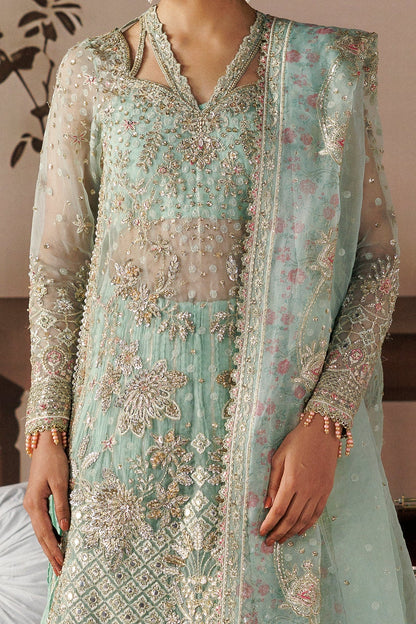 Aqua Organza Pakistani wedding suit embroidered panel close-up - Aangan