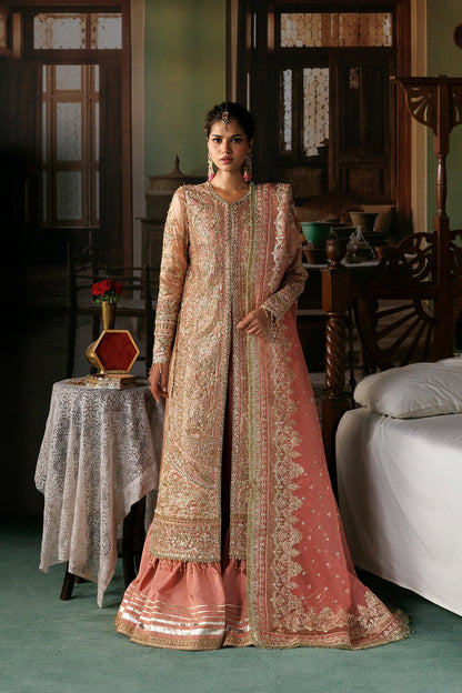 Peach-gold Organza Pakistani bridal suit front view with silver embroidery - Aangan