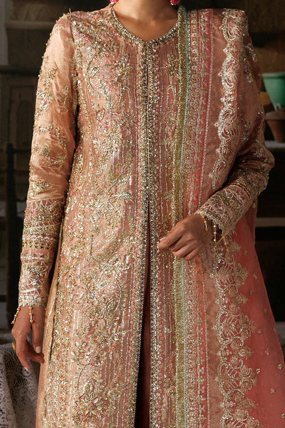 Peach-gold Organza Pakistani bridal suit embroidered panel close-up - Aangan