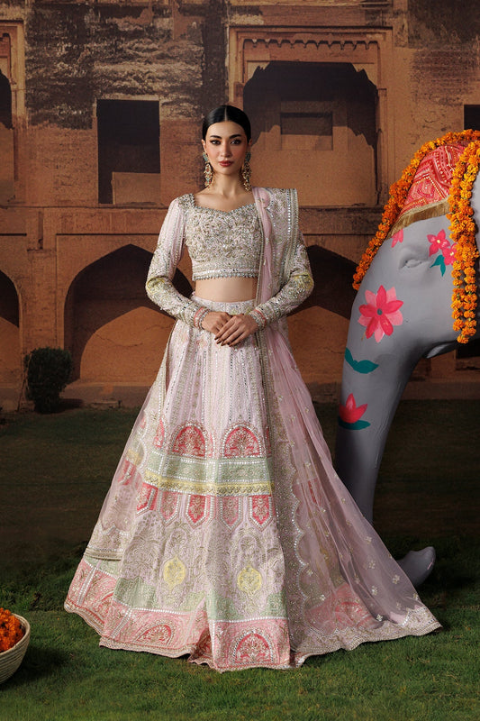 Baby pink Raw Silk Pakistani wedding suit front view with silver embroidery - Aangan