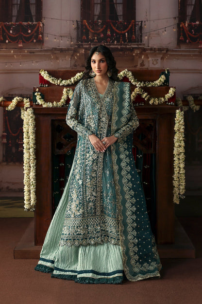 Teal green Organza Pakistani wedding suit front view with silver embroidery - Aangan