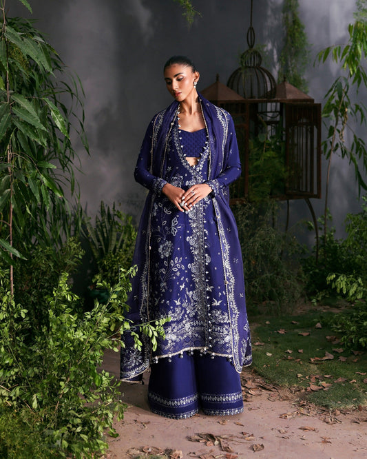 Afrozeh LaFuchsia '25 – Blue Raw Silk & Organza Embroidered Unstitched 3-PC Suit Aangan the essence of lawn & chiffon