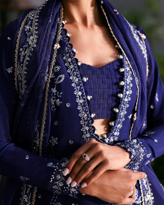 Afrozeh LaFuchsia '25 – Blue Raw Silk & Organza Embroidered Unstitched 3-PC Suit Aangan the essence of lawn & chiffon