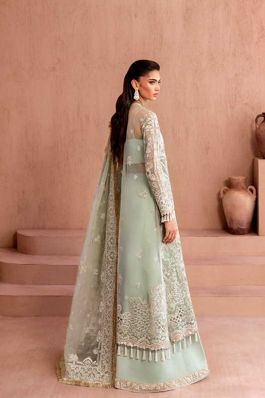 Luxury festive wear by Eman Adeel – designer salwar suit with intricate golden embroidery, available in Punjab COD”