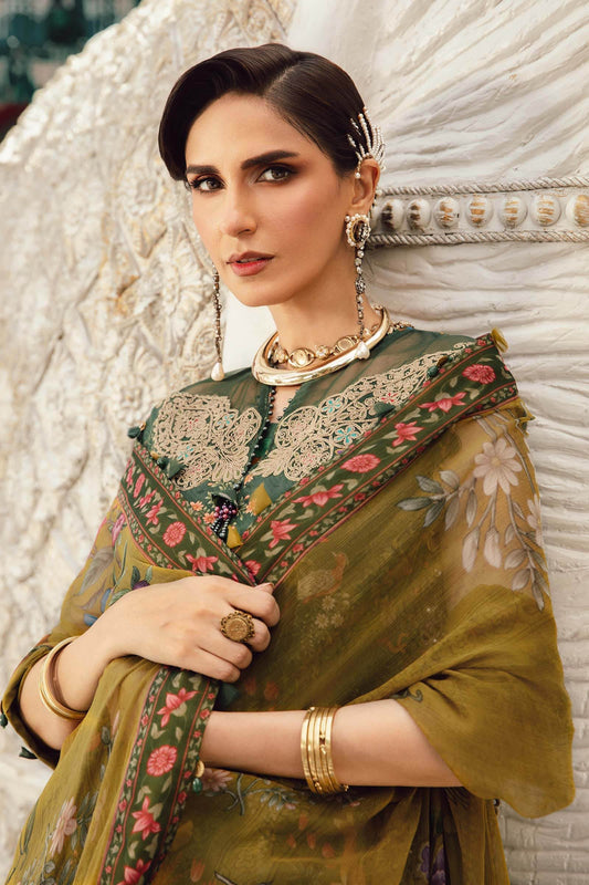 . 	Maria B MPrint Fall/Winter ready-to-wear ethnic outfit with vibrant digital prints and seasonal hues
