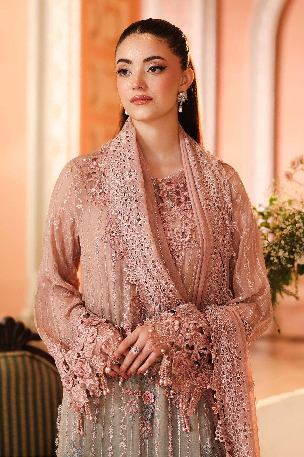 Maria.B 3 Piece Embroidered Chiffon Suit in Pink and Grey - full styled look