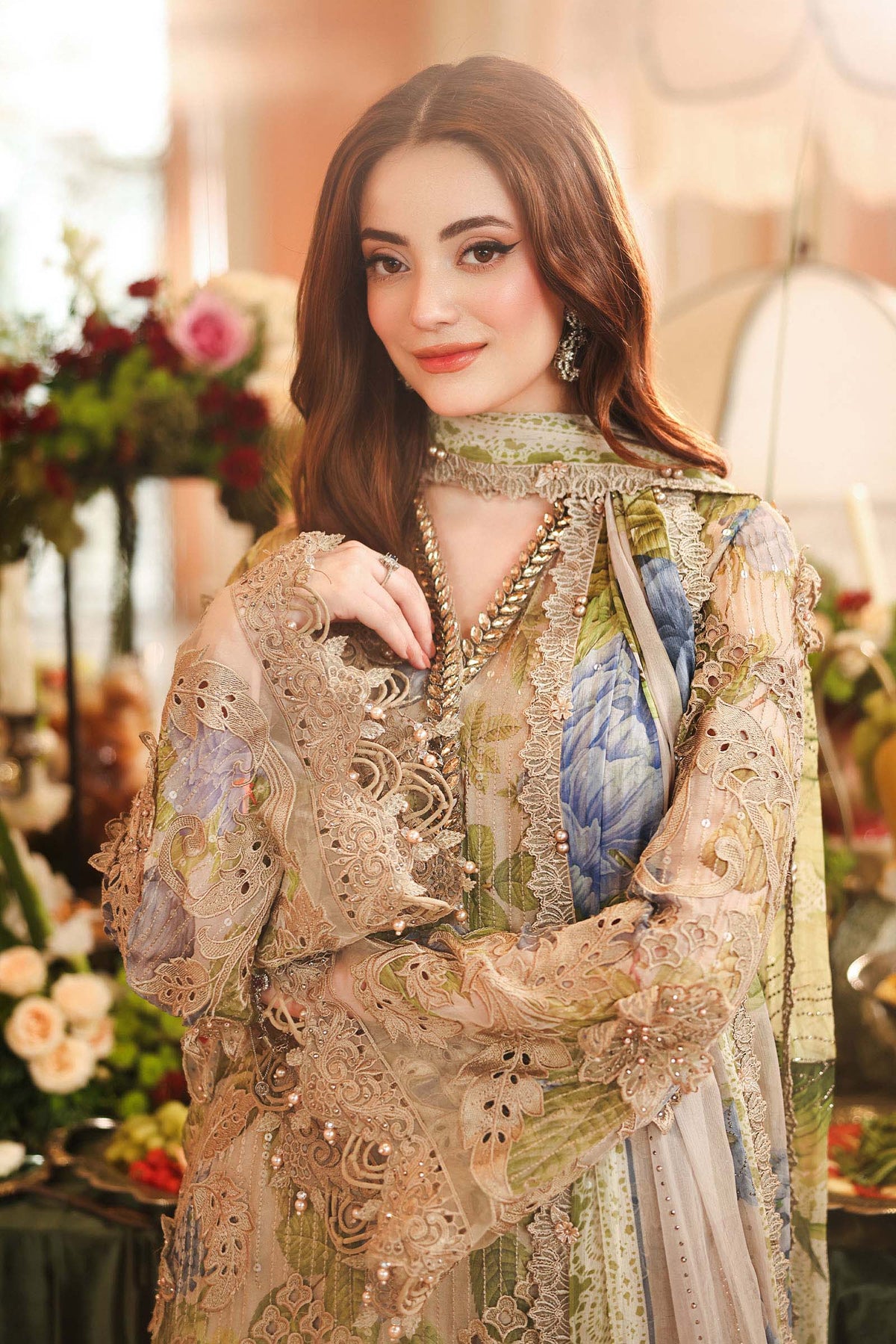 Maria.B 3 Piece Embroidered Chiffon Suit in Coffee - embroidery detail