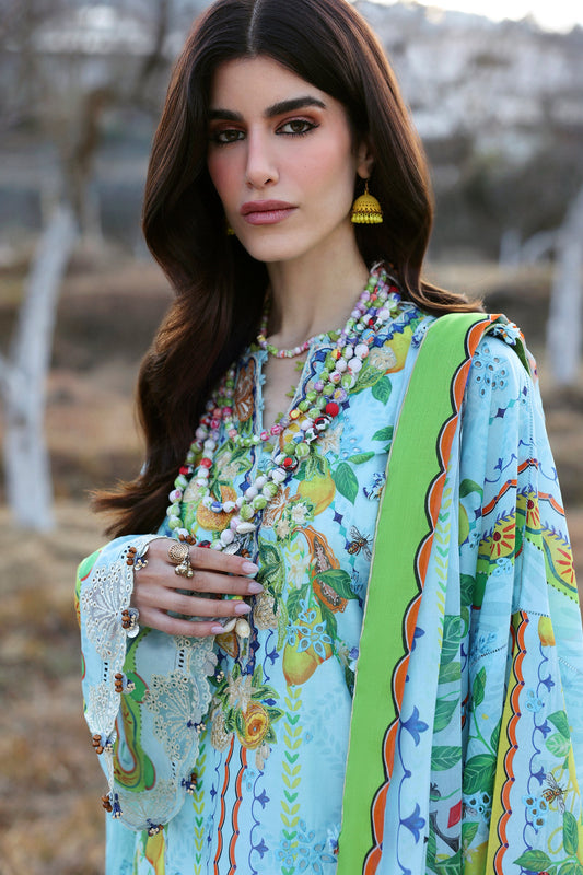 Zaha Summer 2025 unstitched embroidered lawn suit with digital prints and voile dupatta, perfect for festive wear.