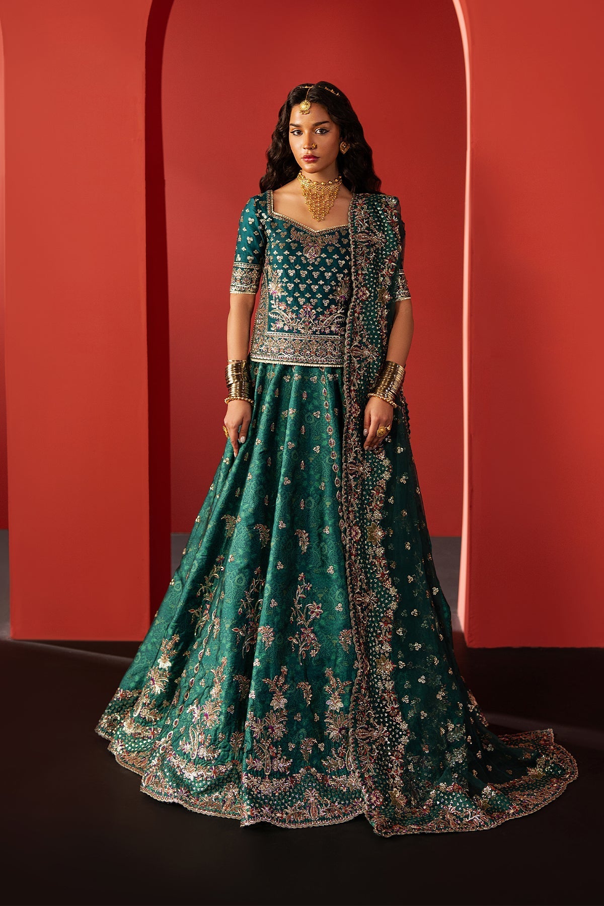 Woman in a traditional green embroidered outfit against a red background